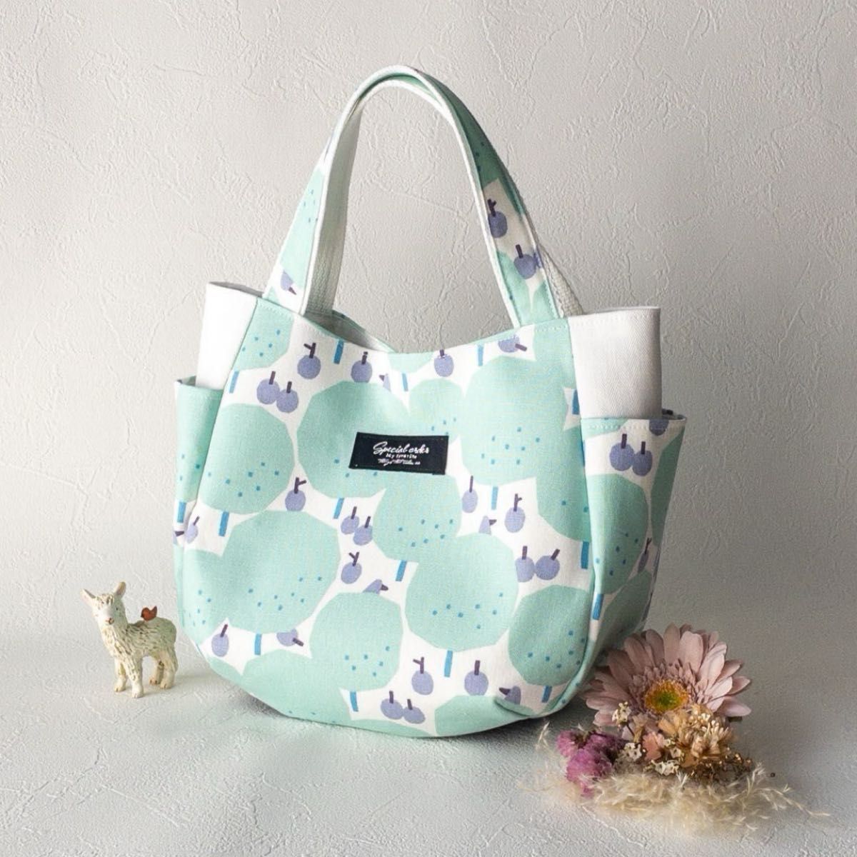 [Limited Fabric] Nokogou orchard Mint Green Tulip Bag | Nordic Style Tote Bag with Side Pockets