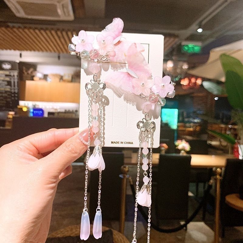 Light-colored Butterfly Flower Motif Long Chain Drop Hair Clip Hair Ornament Pink Silver 2-Piece Set