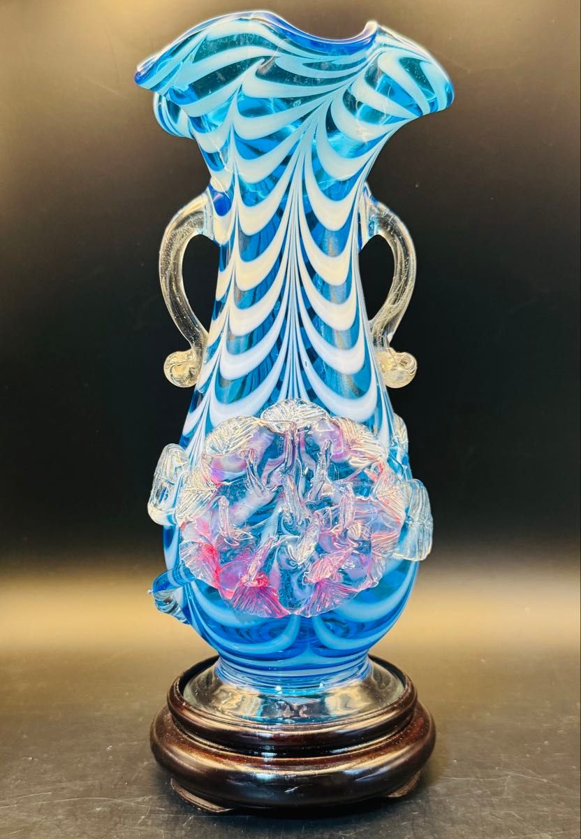 大正~昭和初期 日本制 手工玻璃花瓶 高24.5cm 古董 大正玻璃 褶边 描金 花器 花生 铀玻璃