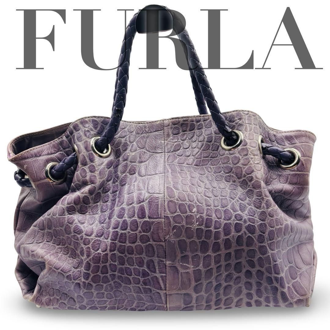FURLA tote bag, crocodile-embossed genuine leather, with drawstring closure, in purple; women’s commuter and school bag, shoulder‑carry or hand‑held, lightweight