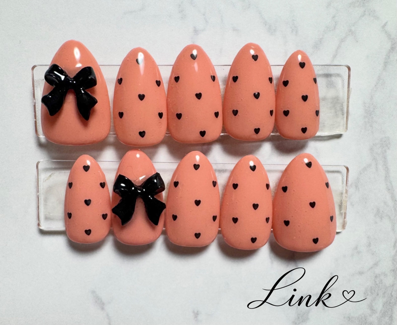In-stock pink heart-dot pattern ribbon girly nail tips