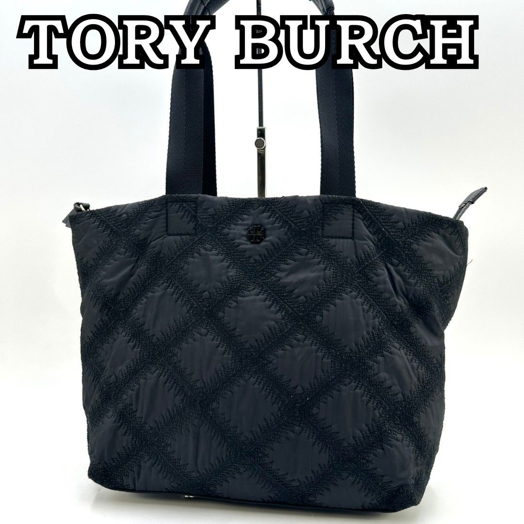 TORY BURCH 绗缝刺绣托特包手提包黑色可容纳A4