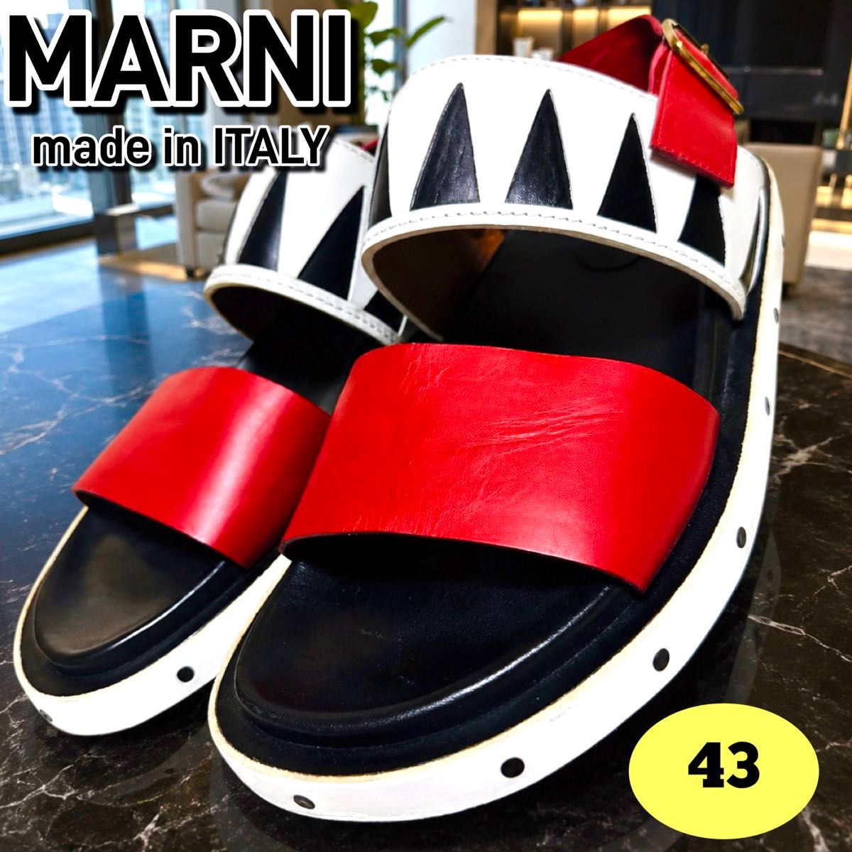 14万 ● MARNI ● 马尔尼 ● 凉鞋 ● 汽车皮革 ● 铆钉 ● 双色 ● 真皮 ● 红色 ● 黑色 ● Fussbett ● 意大利制