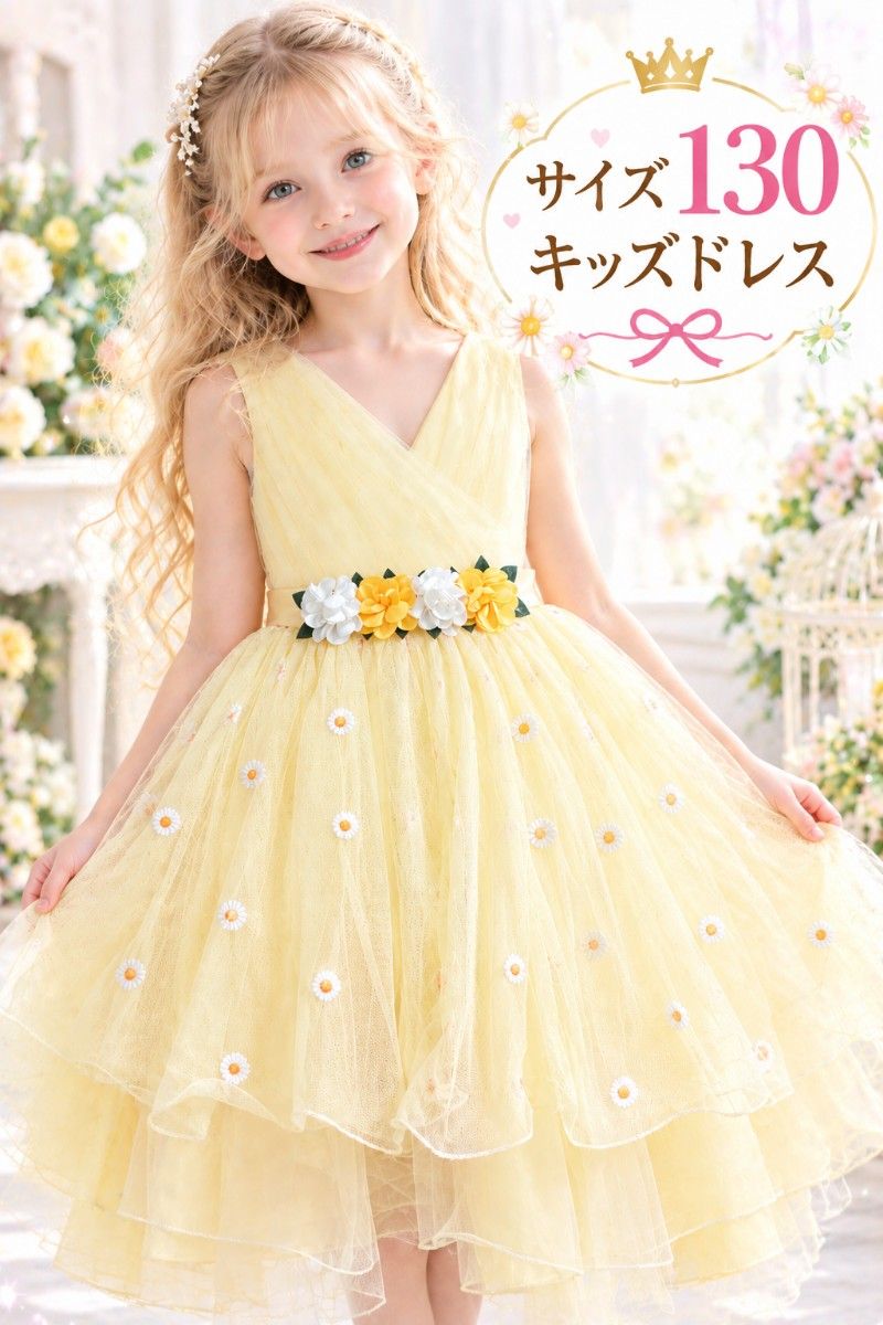 【品相极佳】130 儿童连衣裙 黄色 演出会 婚礼 薄纱 刺绣