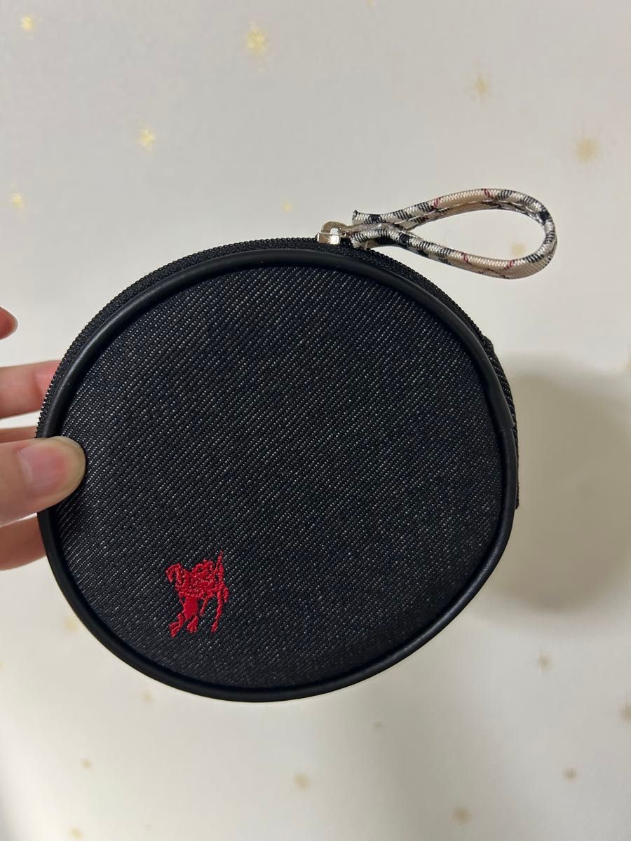 【未使用】BURBERRY 巴宝莉 圆形收纳包 黑色 红色Logo 带镜子 牛仔布材质