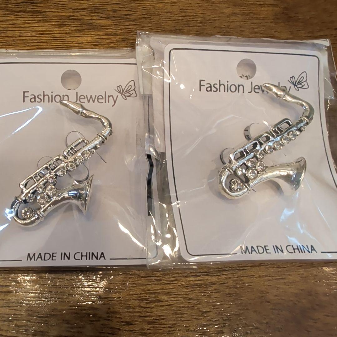 Saxophone Brooch 2-Piece Set Rhinestone Silver