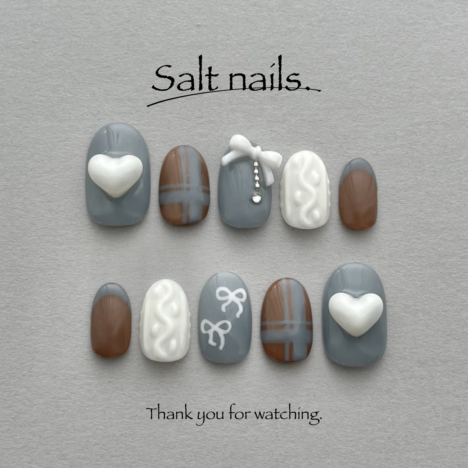 No.126 Nail Tips Short Oval Blue White Brown Check Heart Individualistic Knit Nail Ribbon French Spring Autumn Winter Event Live Oshikatsu Date Christmas Halloween