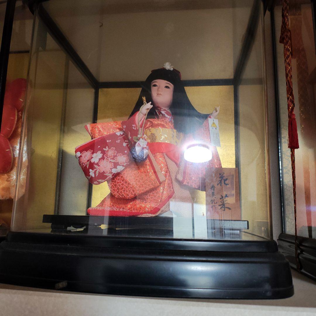 市松人形 红金色和服 带玻璃罩