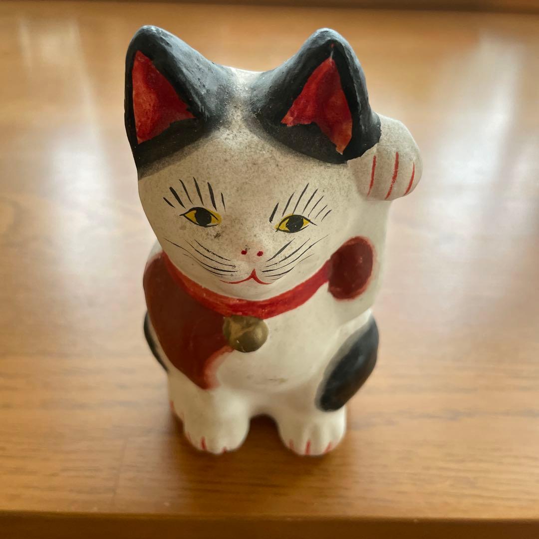 Lucky Cat Mikawa Ohama Clay Figurine, Hatsu Doga Figurine Lucky Cat by Kazuo Nakajima