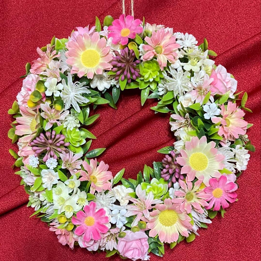 粉色 白色 仿真花花环 手工制作 直径约22厘米 匿名配送