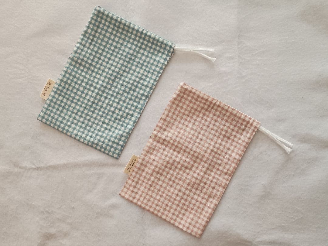Drawstring Bag 2-Piece Set ☆ Check Pattern (Muted Blue & Muted Pink)