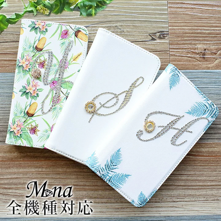 手机壳 翻盖式 iPhone14/13 Android AQUOS Galaxy Xperia 花卉图案 无皮带 首字母缩写 belt-011