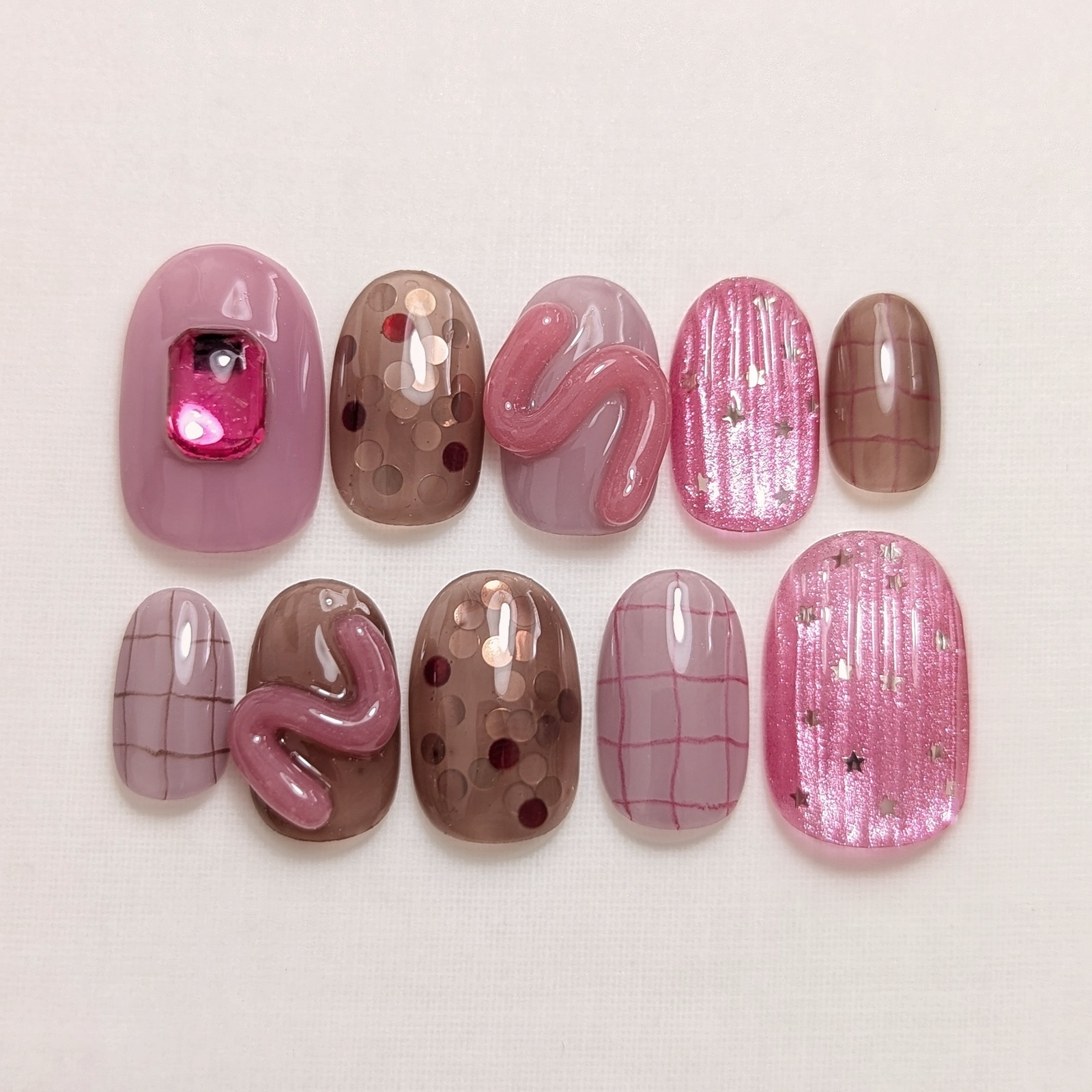 [Custom Size] Pink-Brown Nail Tips | Check Pattern, Puffy Art, Glitter