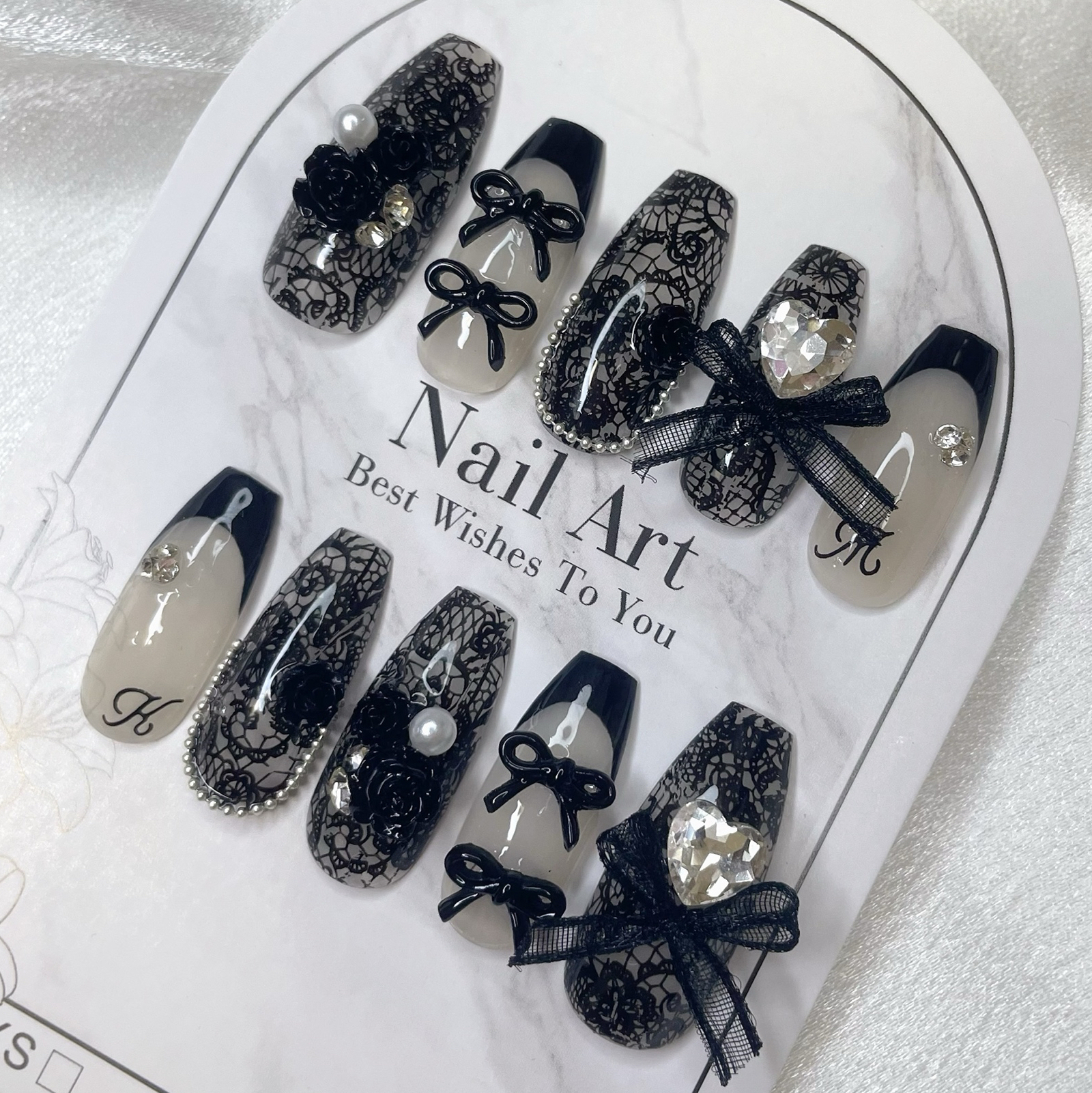 Nail tips Custom order black rose French garter lace black ribbon large size stone parts heart one phone