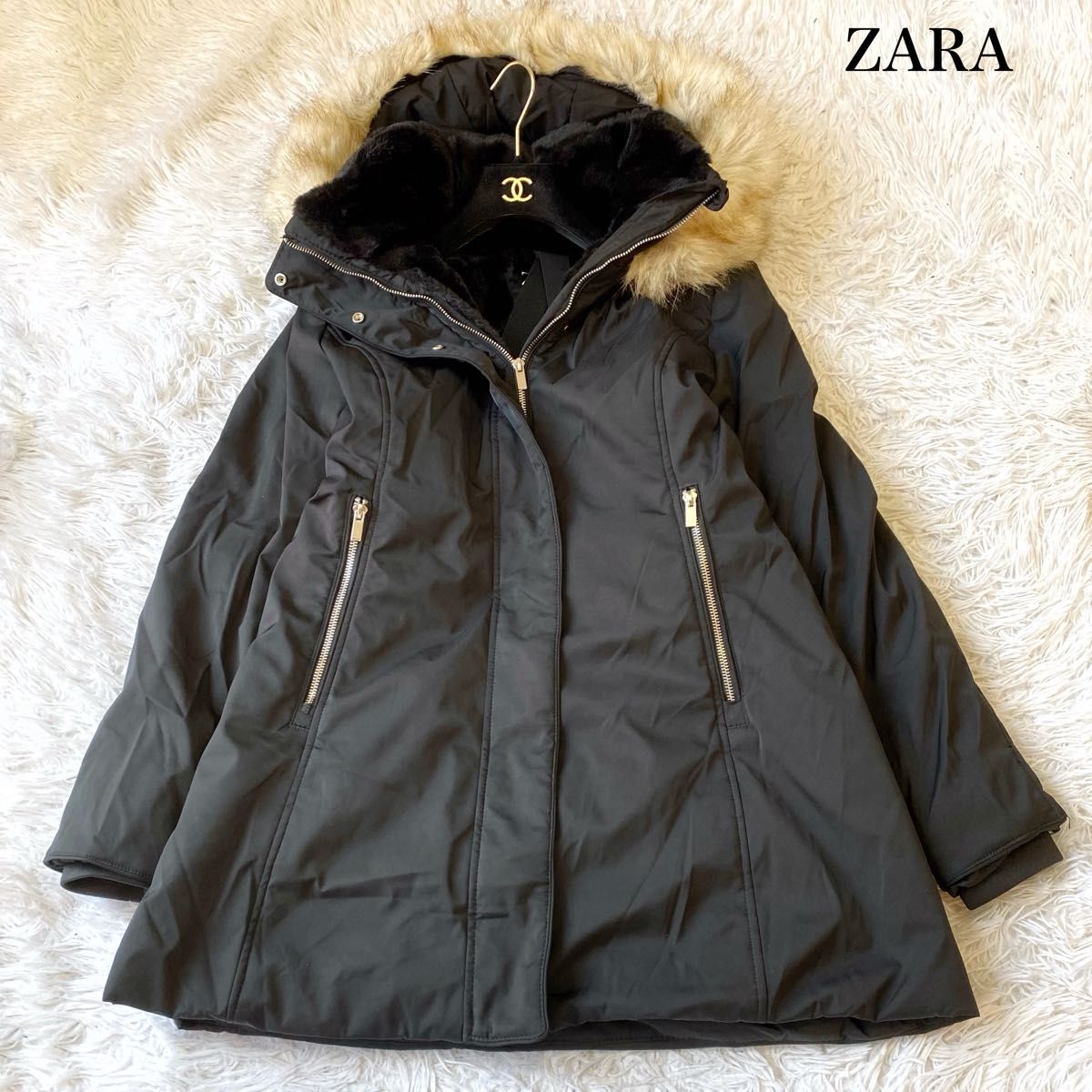 ZARA 扎拉 防水防风连帽羽绒服 黑色 L码 绒毛带毛皮 外套