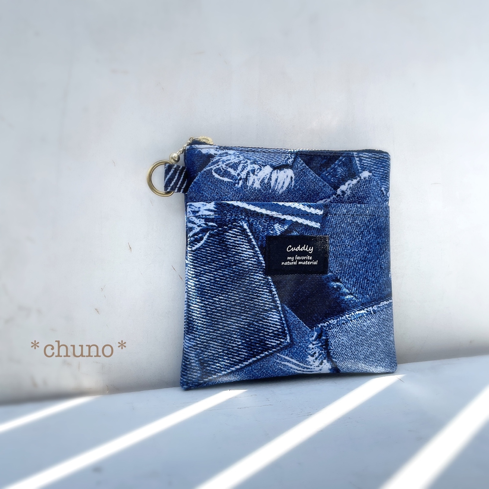 牛仔口袋图案★14× 14cm 带口袋的口罩收纳袋★适合书包♡藏青色