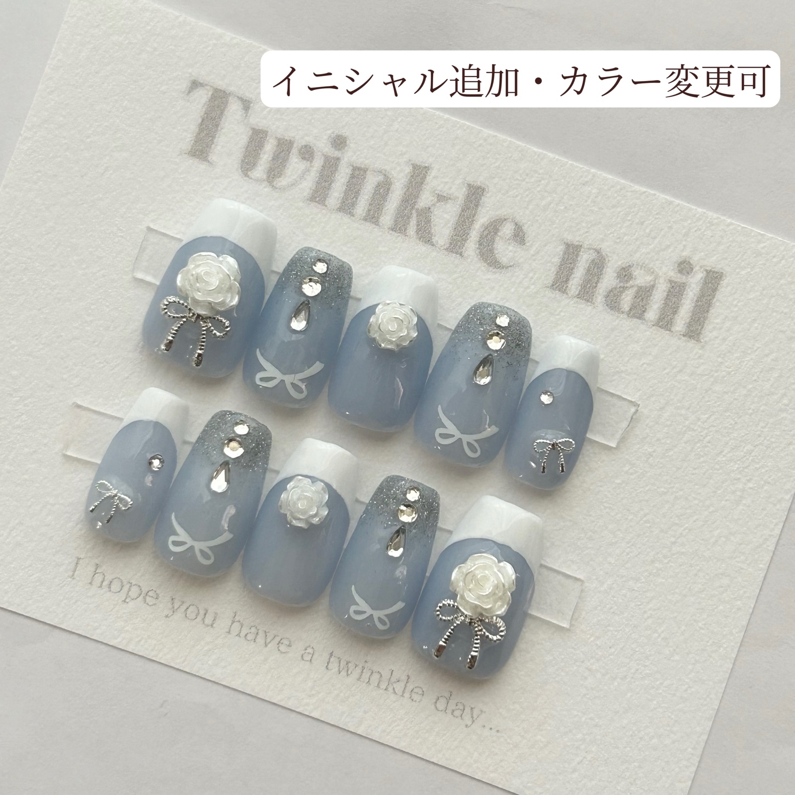 🌙Free color change 🌙 Custom nail tips Korean nails One-hand nails Supportive nails Smooth nails Blue roses French nails Ribbon nails Sparkly nails Mass-produced style nails