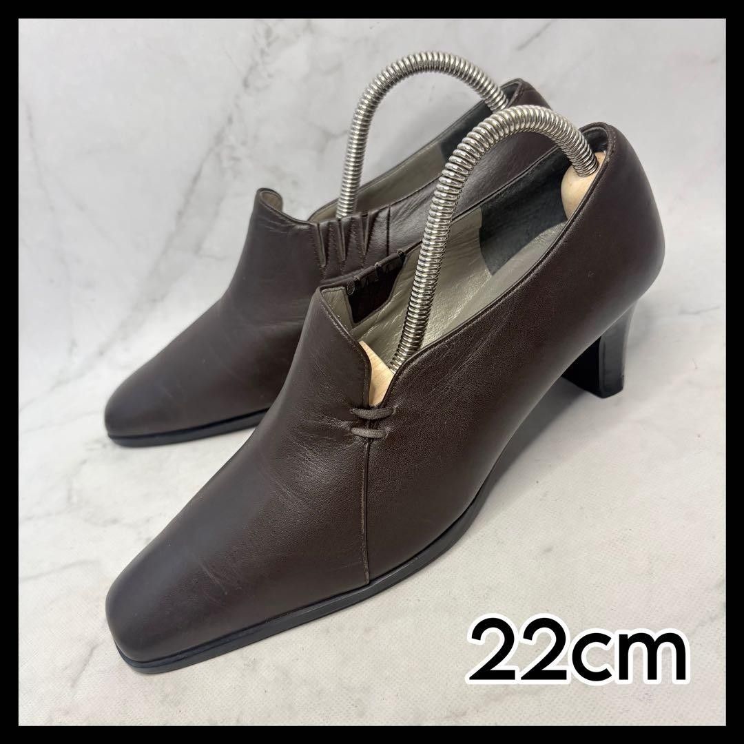 【真皮】高跟鞋 22.0cm 深棕色 短靴 浅口鞋 方头 山羊皮 舒适 粗跟