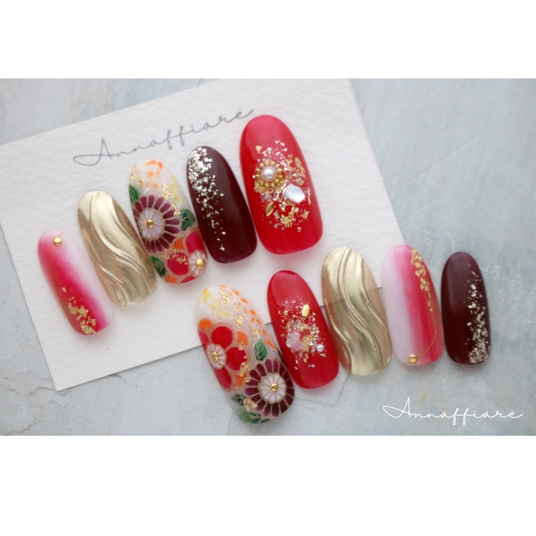 【Regular Size 【In Stock】Long Furisode/Kimono Style Nail Tips / Annaffiare Simple Coming of Age Ceremony Furisode White Kimono Wedding Kuzunoha Chrysanthemum Pattern Shell Red Gold Foil Long Nails Long Japanese Kimono Style Japanese Pattern Yukata Shell