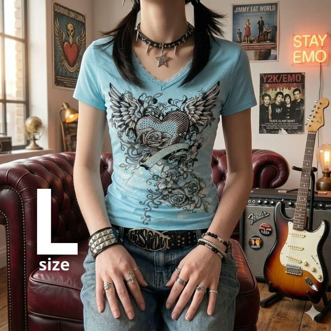 761 Y2K エモ ガールズ Tシャツ 水色 パンク Vネック 半袖 チビT 平成ギャル ギャル ファッション おしゃれ