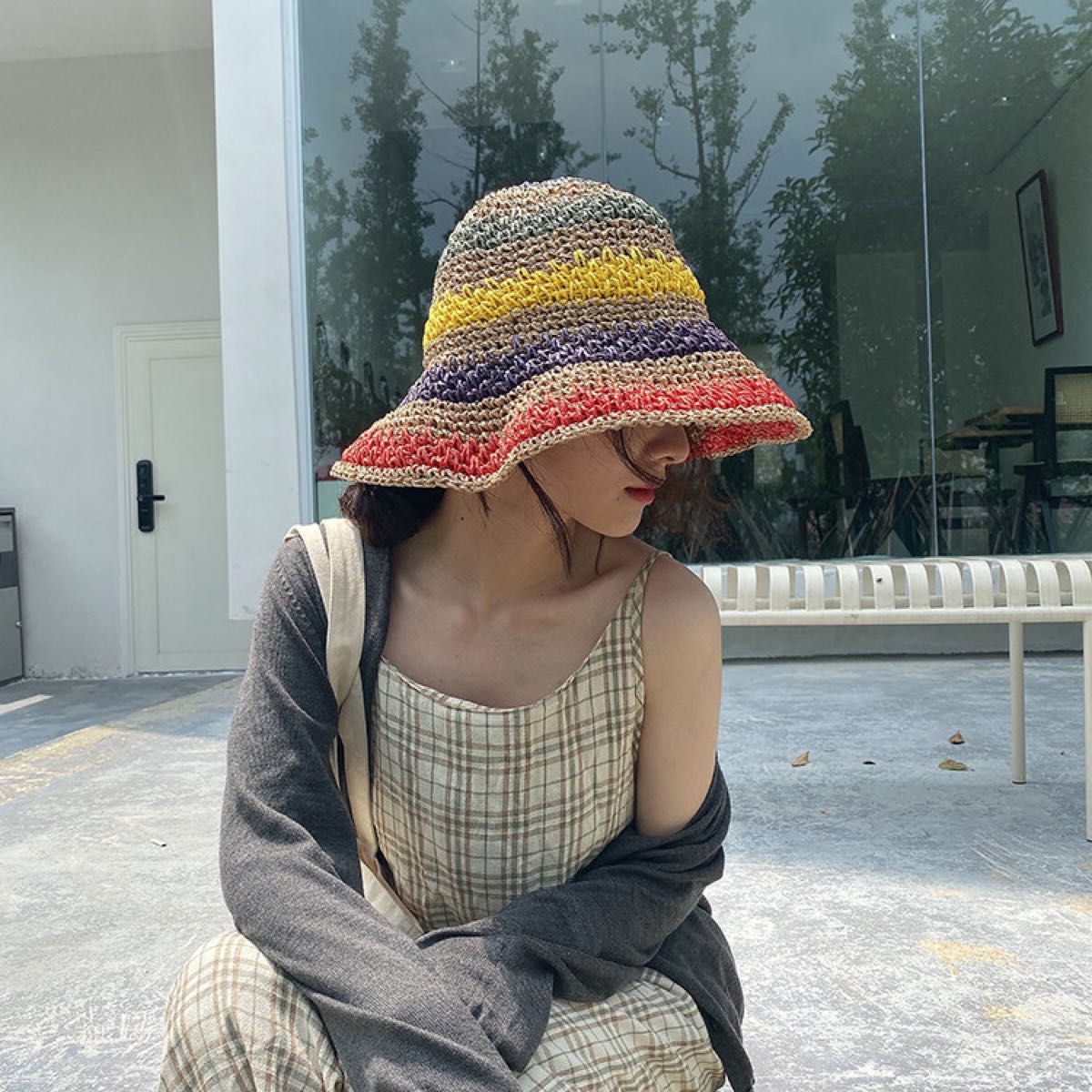 1764 Bucket Hat Rainbow Women's Straw Hat Colorful Bakeha Hat South Korea Resort Sea Summer Sunburn Prevention