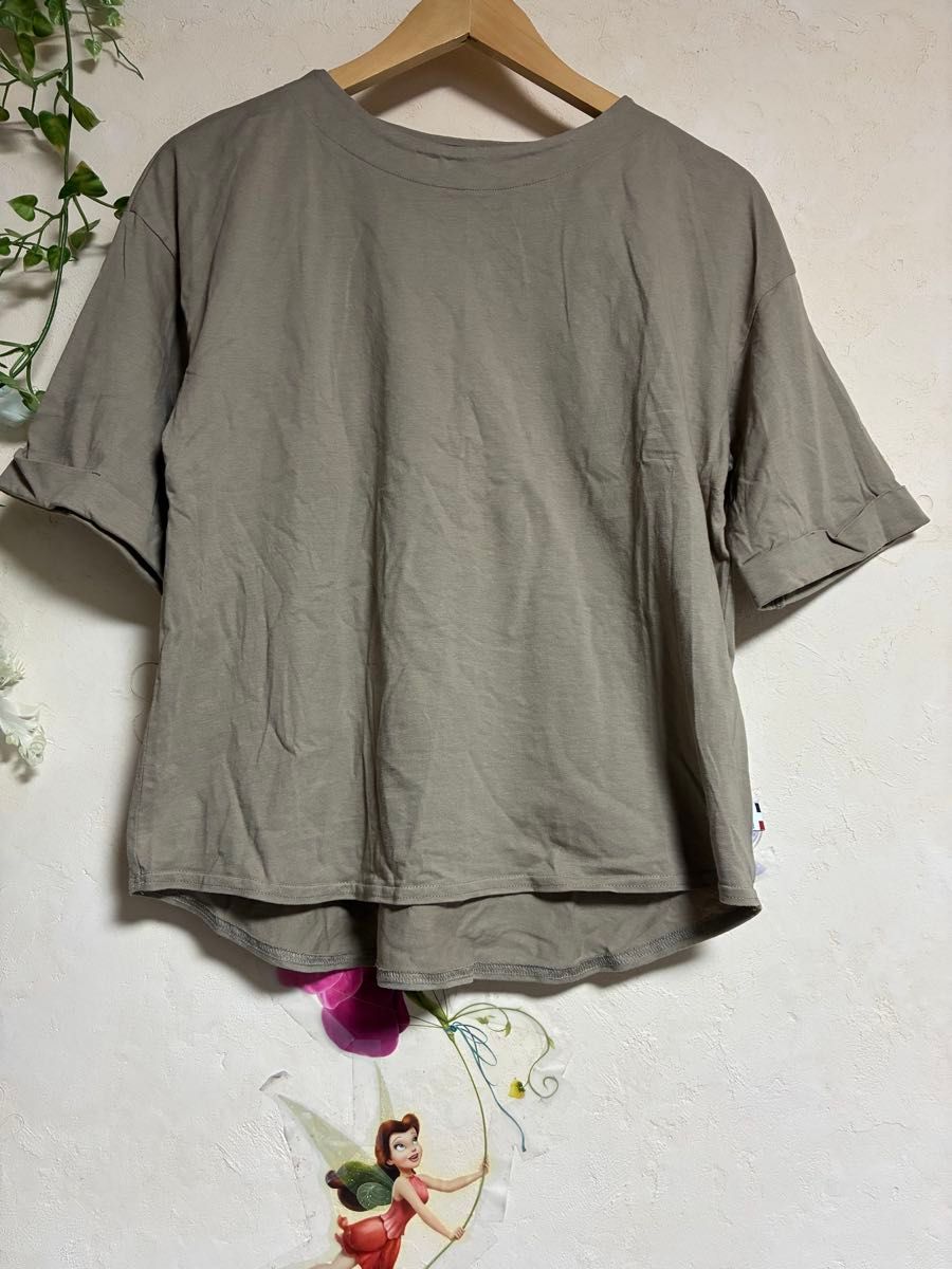 5 parts sleeve length T-shirt plain over size mocha beige casual M