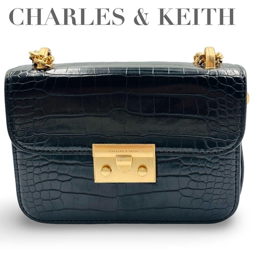 CHARLES & KEITH Charles & Keith Alva Shoulder Bag Black Crocodile-Embossed Chain Women’s Crossbody Bag