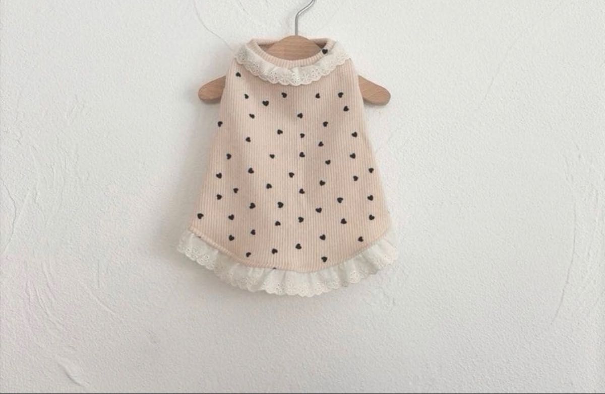 *Handmade Dog Clothes* Brushed Rib Knit Heart Beige - Hem Lace One-Piece
