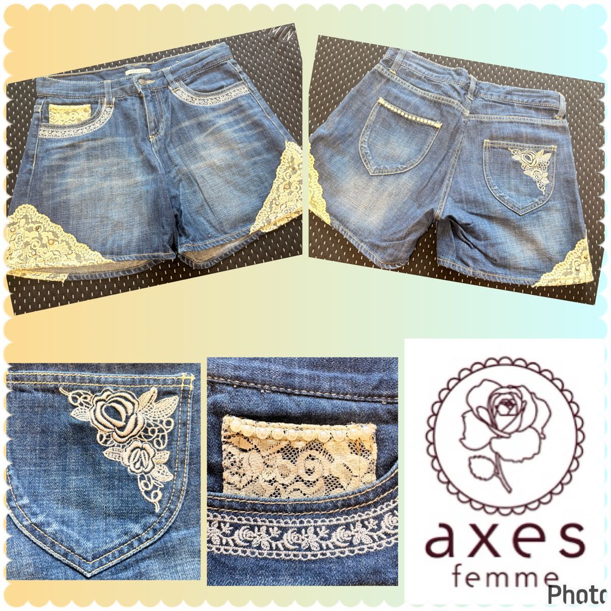 アクシーズファム★良品★刺繍とパール★デニムショート★y2k★森ガール★萌え系 axes フェアリーグランジ お嬢様 姫 ガーリー