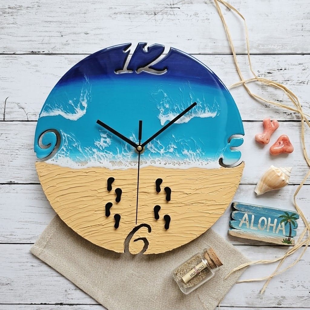 レジンアート 掛け時計 海 砂浜 足跡デザイン ハンドメイド