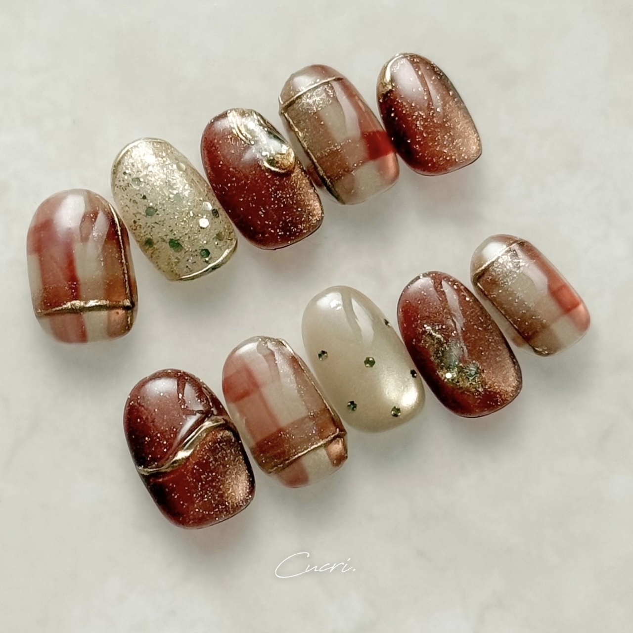Red Brown × Check Pattern Nuance Nail Tips | Flash Magnet Brown Red Casual Adult Cute Autumn Winter No.69