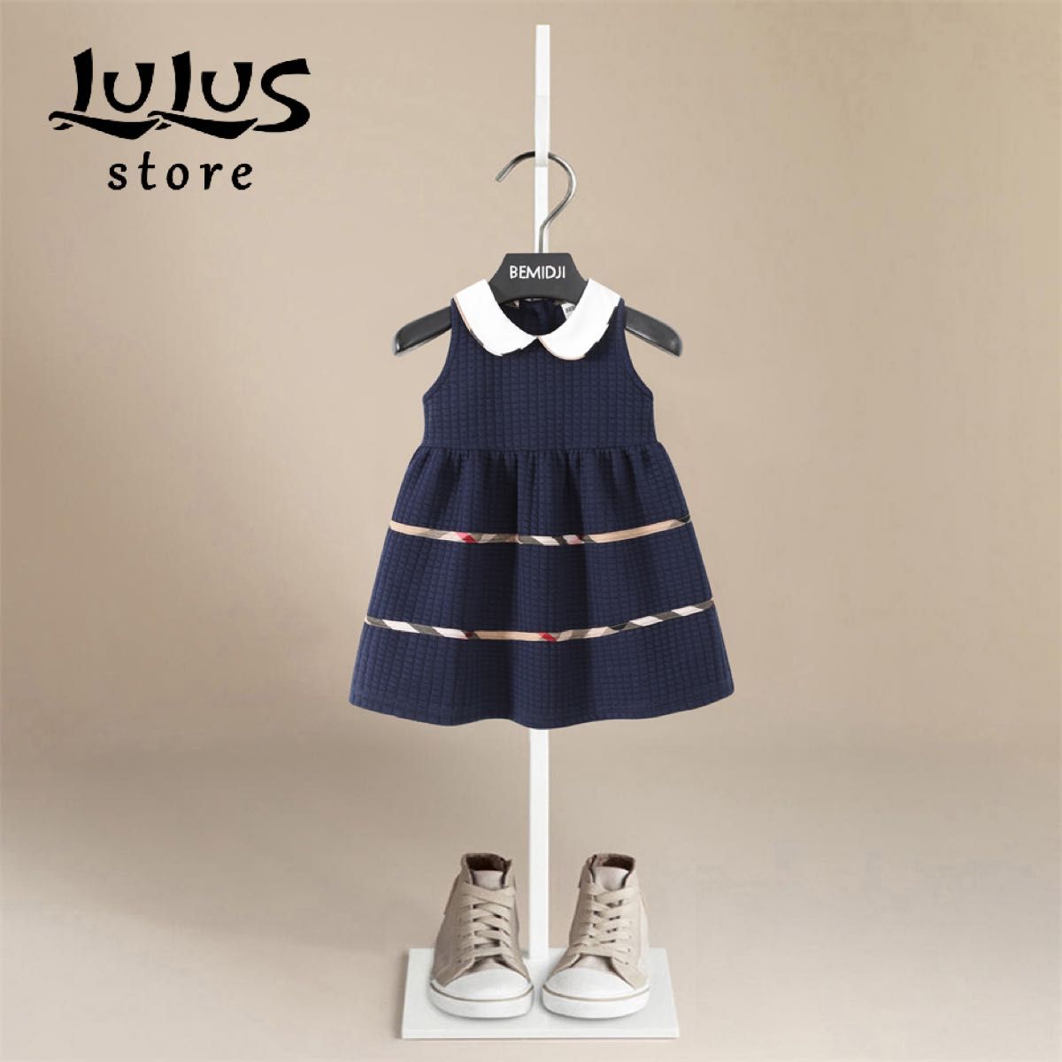 Kids' Girls' Navy Blue Checkered Round-Neck Formal Dress for Recitals and Weddings