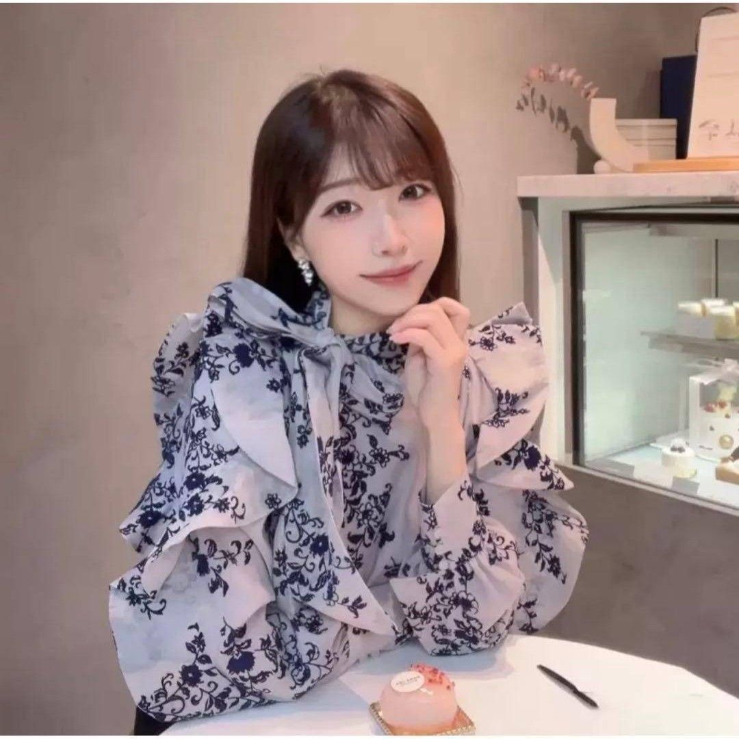 462 女士 花纹蝴蝶结衬衫 雪纺 透视欧根纱 藏青色