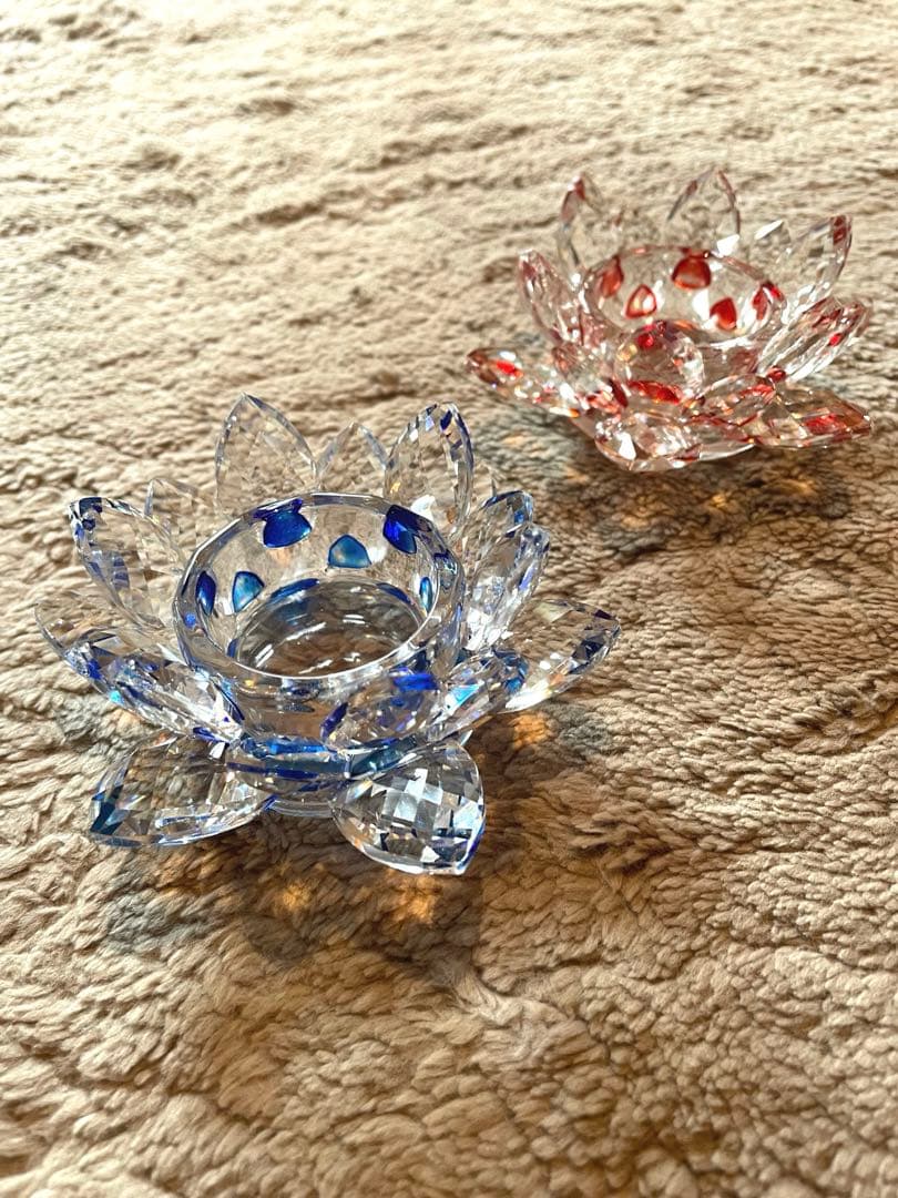 【全新未使用】玻璃制 蜡烛台 2件套 莲花透明蓝红