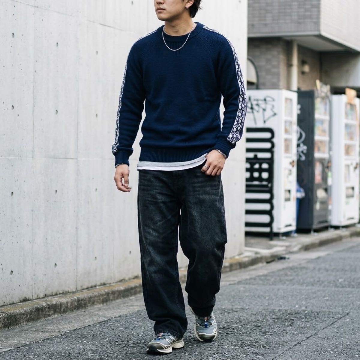 迪奥 男士 长袖针织毛衣 海军蓝 袖部线条设计 S XS XXS 克里斯汀·迪奥 侧边条纹