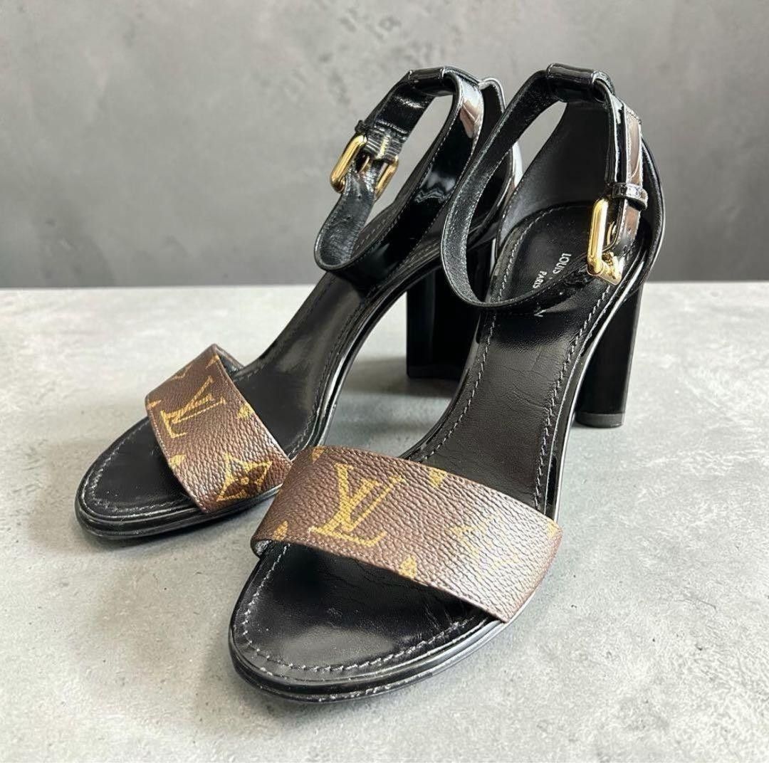 ルイヴィトン LOUIS VUITTON サンダル アンクルストラップ シルエットライン フラワーヒール モノグラム イタリア製