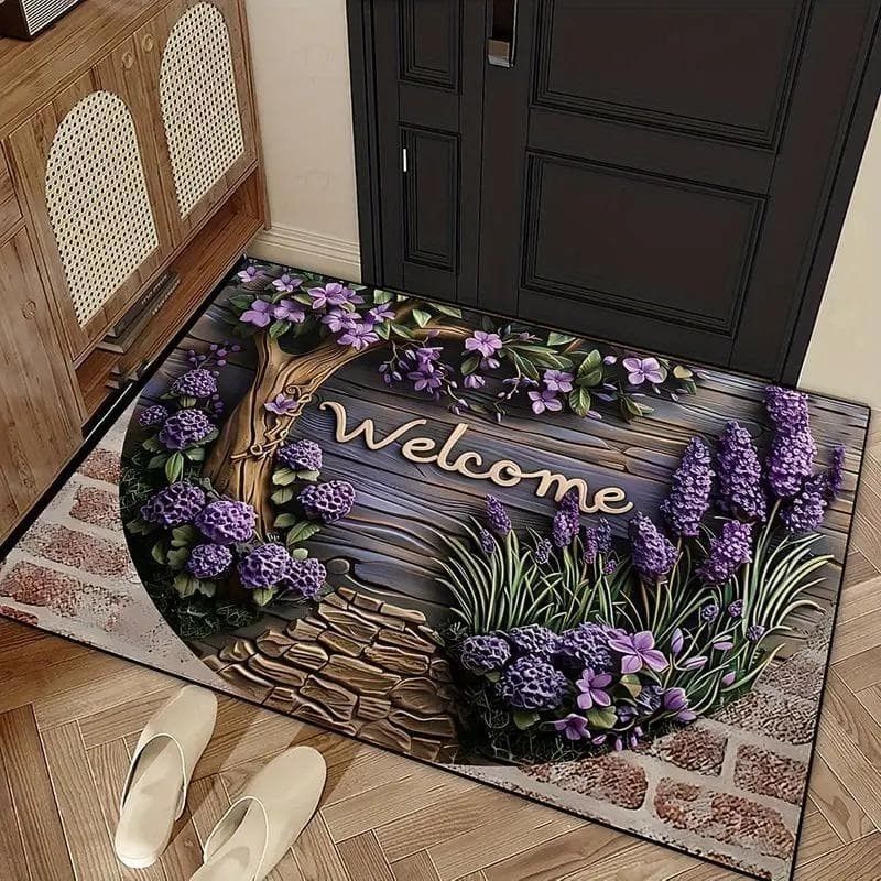 瑕疵品 玄关地垫 40×60 室内 薰衣草 地毯 绣球花 Welcome 时尚 北欧 防污 长方形地毯