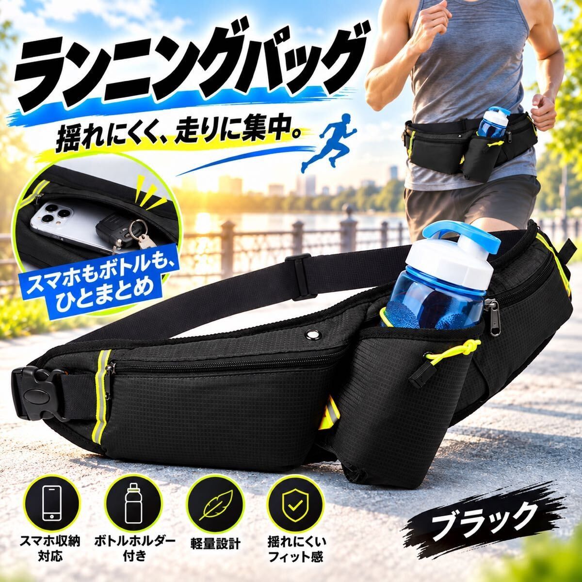 Running bag, back pouch, jogging waist pack, shoulder strap, pet bottle holder, waterproof, for smartphones, sports, and outdoor activities