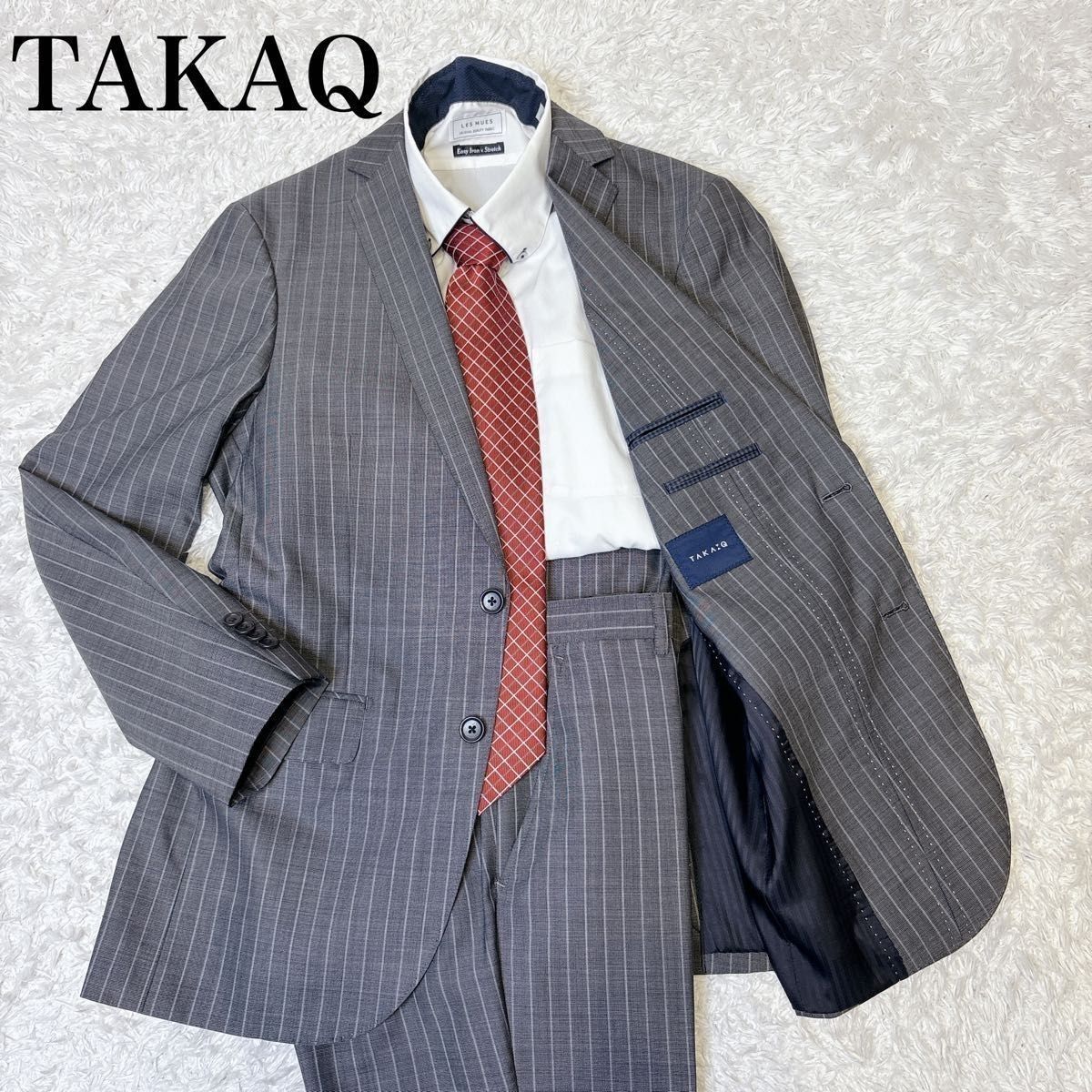 TAKAQ タカキュー メンズスーツ セットアップ グレー ストライプ A5 ステッチ 背抜き ビジネス 170cm前後