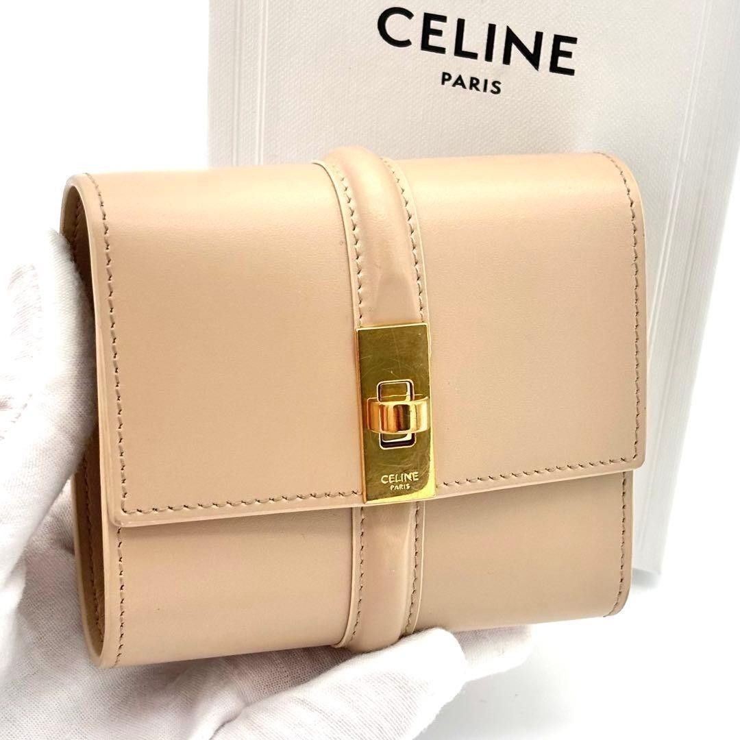 ☆箱付極美品☆Celine セリーヌ 財布 16セーズ スモールトリフォールドウォレット ベージュ アイボリー カーフレザー