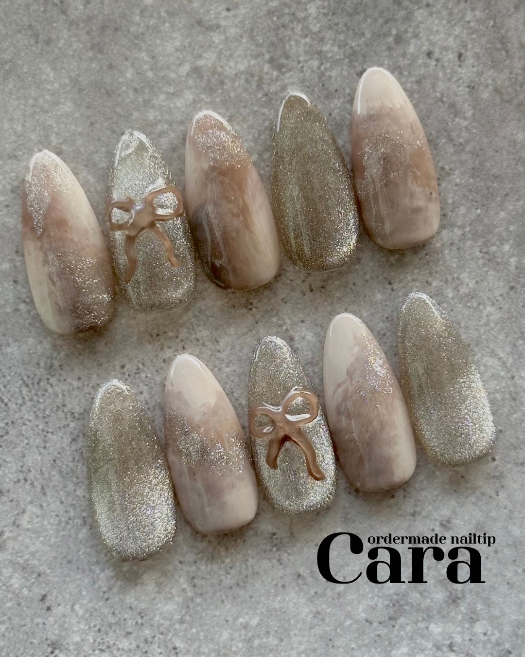 Brown Latte Nail Tips with One Type of Measuring Chip — Autumn Nails in Brown, Latte, and Café au Lait Shades; Subtle Magnetic Design with Large Glitter, Hand-Drawn Ribbons, and a Puffy, Depth-Enhancing Finish.