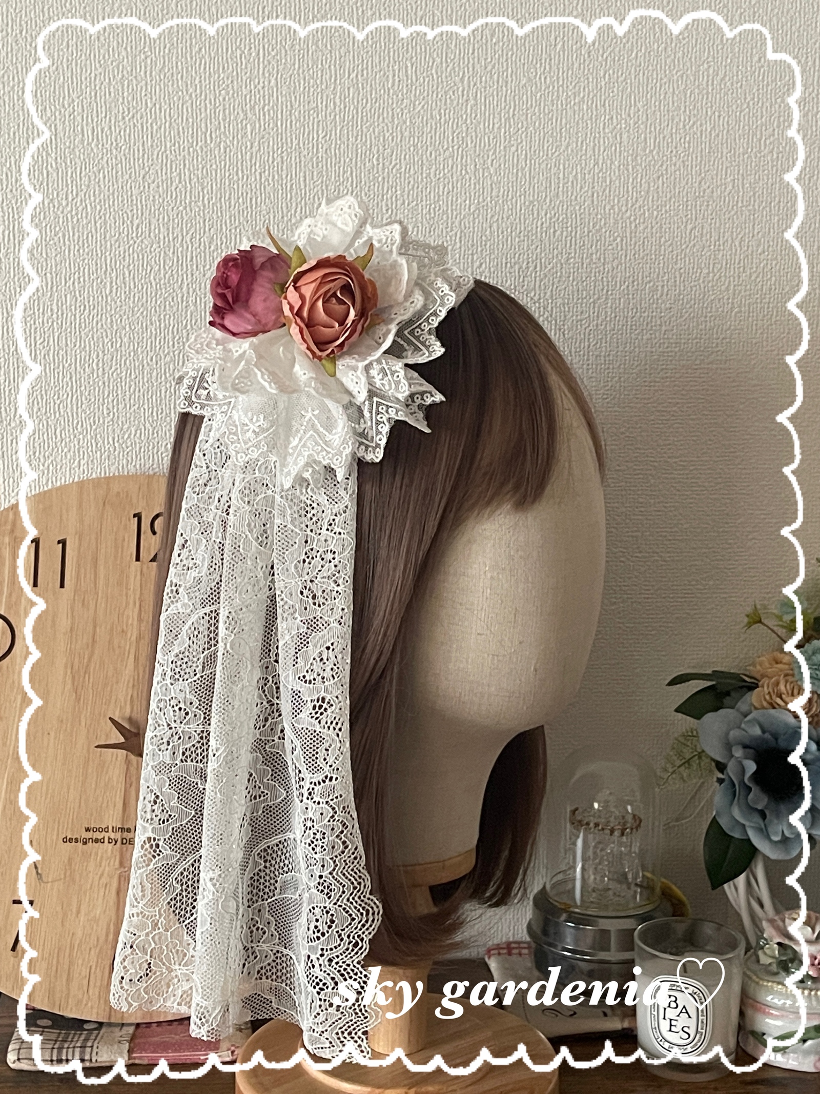 ♡白色双层蕾丝粉色玫瑰 成人礼 圆形头饰 洛丽塔哥特萝莉♡