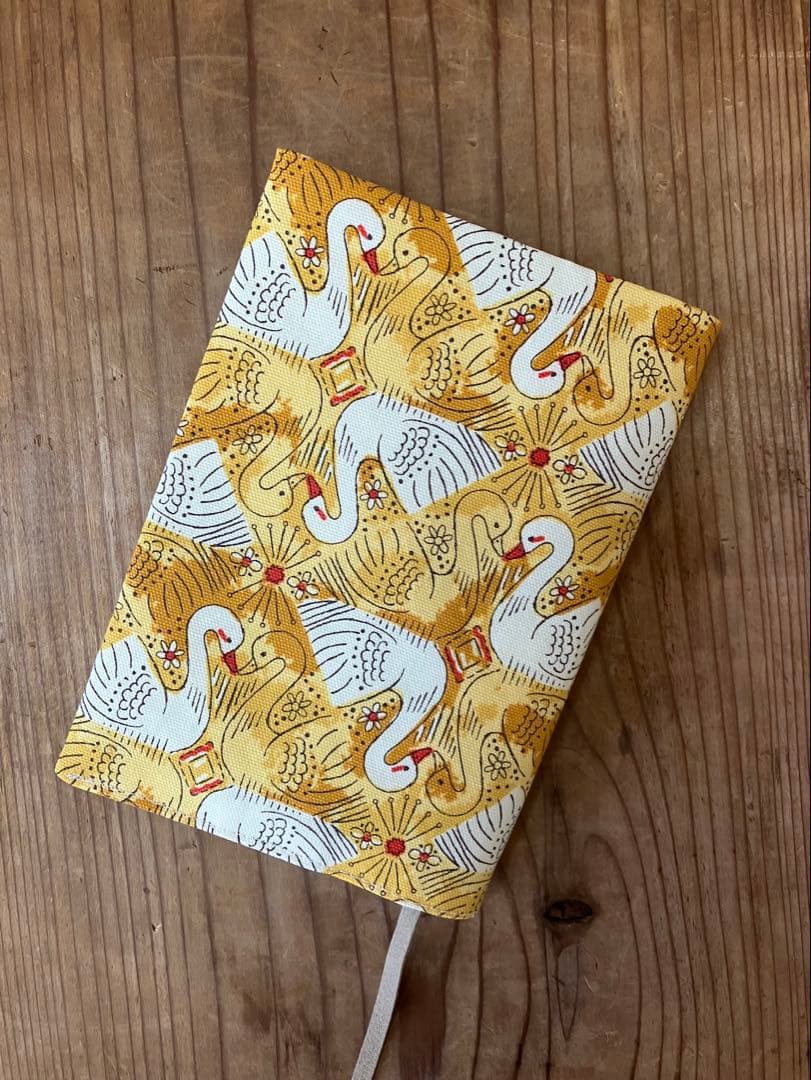 Handmade Book Cover, Bunkobon Size, Swan Pattern - Yellow