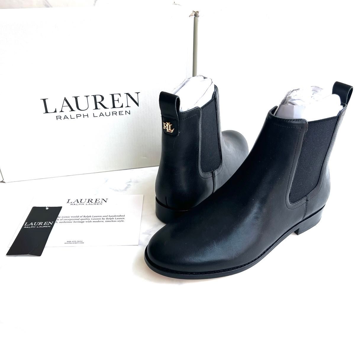 【未使用】Lauren Ralph Lauren 侧拉链靴 黑色 23cm 真皮 短靴 女款 6B 金属Logo扣