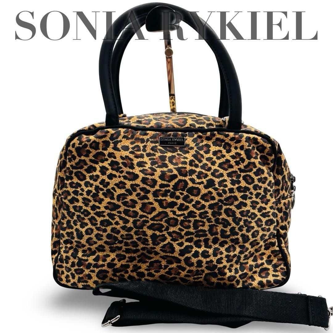 SONIA RYKIEL Sonia Rykiel Leopard-Print Mini Boston Handbag, 2-Way, Fabric, Black with Leopard Pattern, Women's