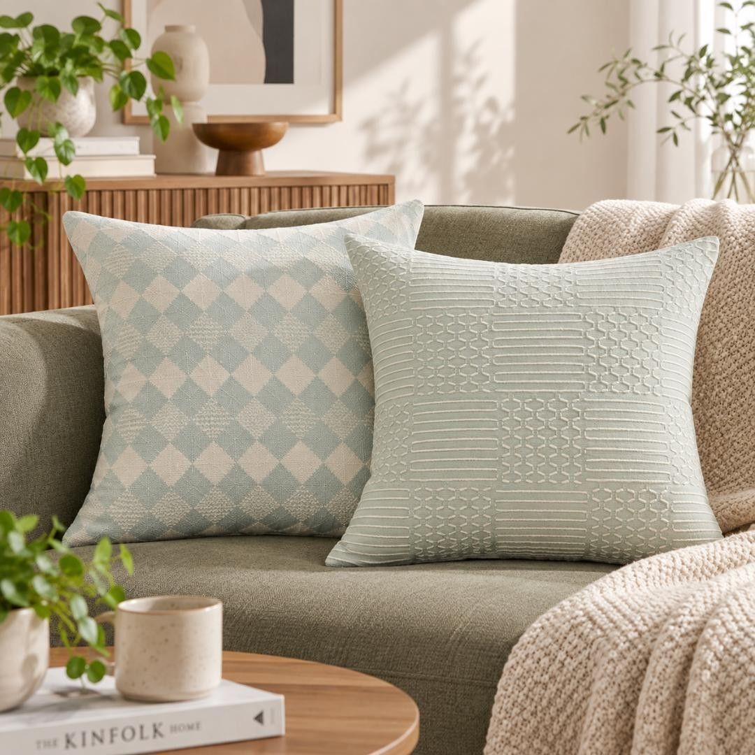 Nordic-style cushion covers, 2 pieces, 45x45 cm, embroidered, check and geometric patterns ② K002