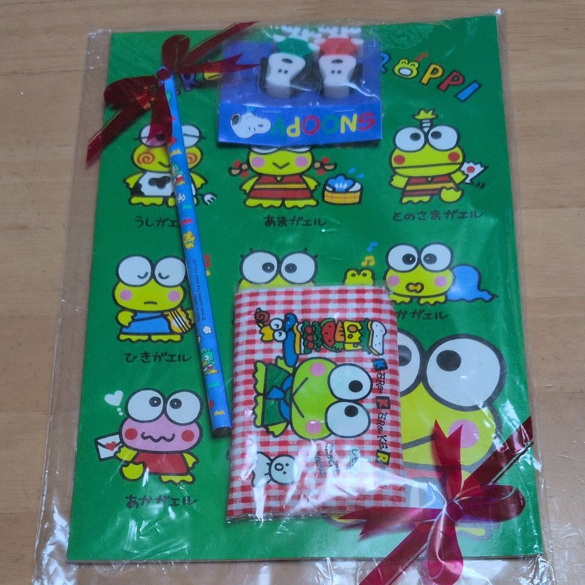 Vintage rare Sanrio Kerokero Keroppī notebook, pocket tissues, Snoopy eraser, KAPPI the frog pencil.