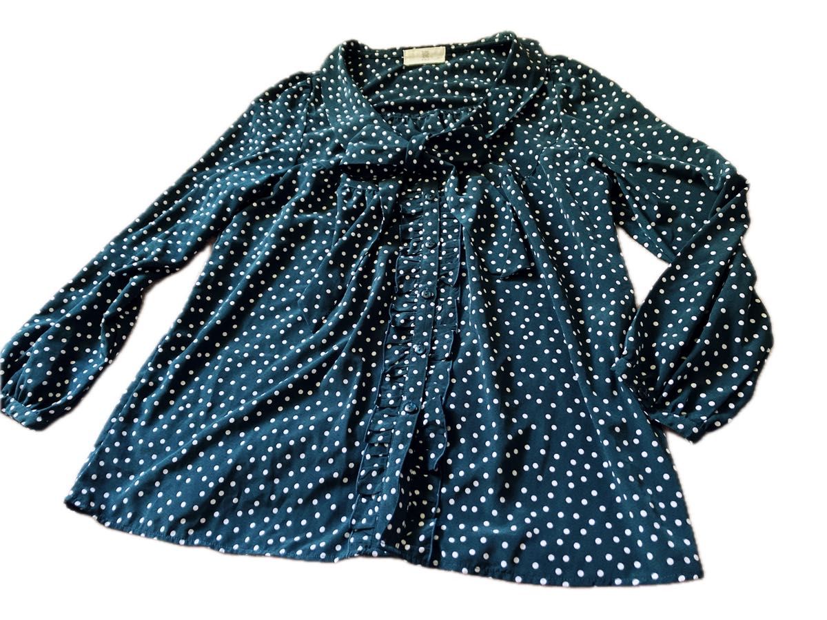 Cute green dot blouse long sleeve ribbon tie