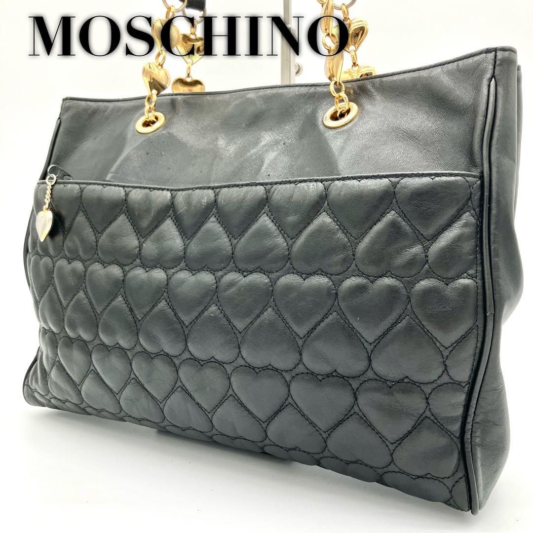 皮革 Moschino 托特包 心形图案 皮革 黑色 绗缝 A4 黑色