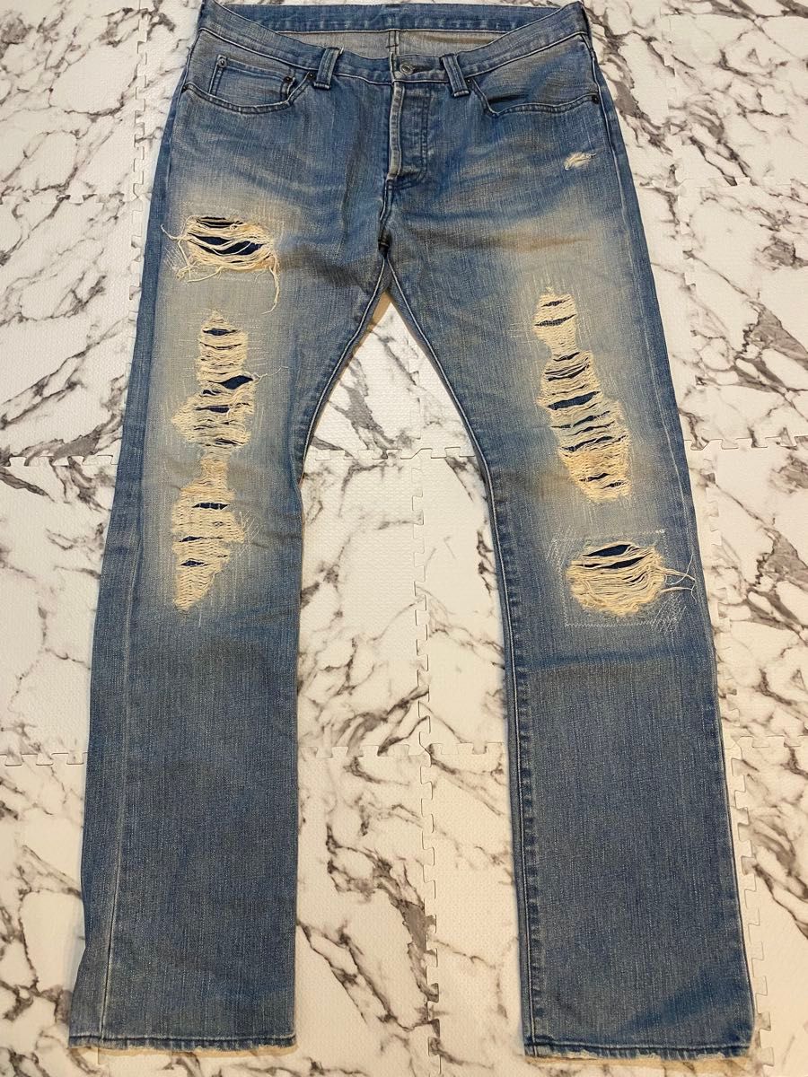 00s archive Crush Repair Distressed Checkered Heisei Y2K Damaged Denim Jeans